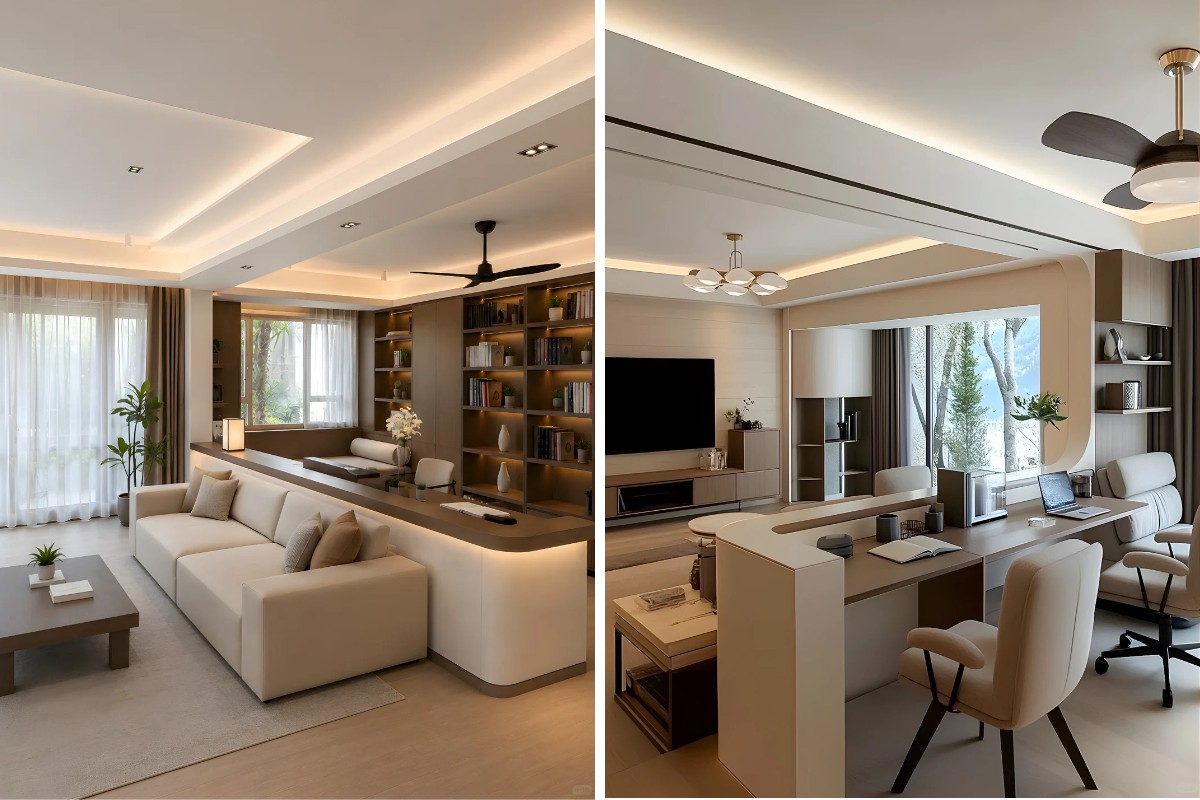 Diseño de distribución de sala de estar inteligente con almacenamiento multimedia empotrado personalizado y acabados en tonos madera para apartamentos compactos