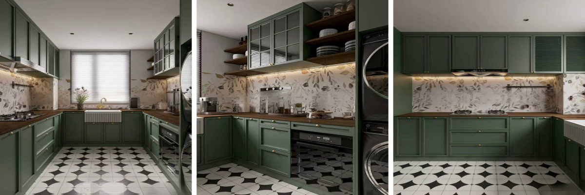 Кухня с темно-зелеными кухонными шкафами