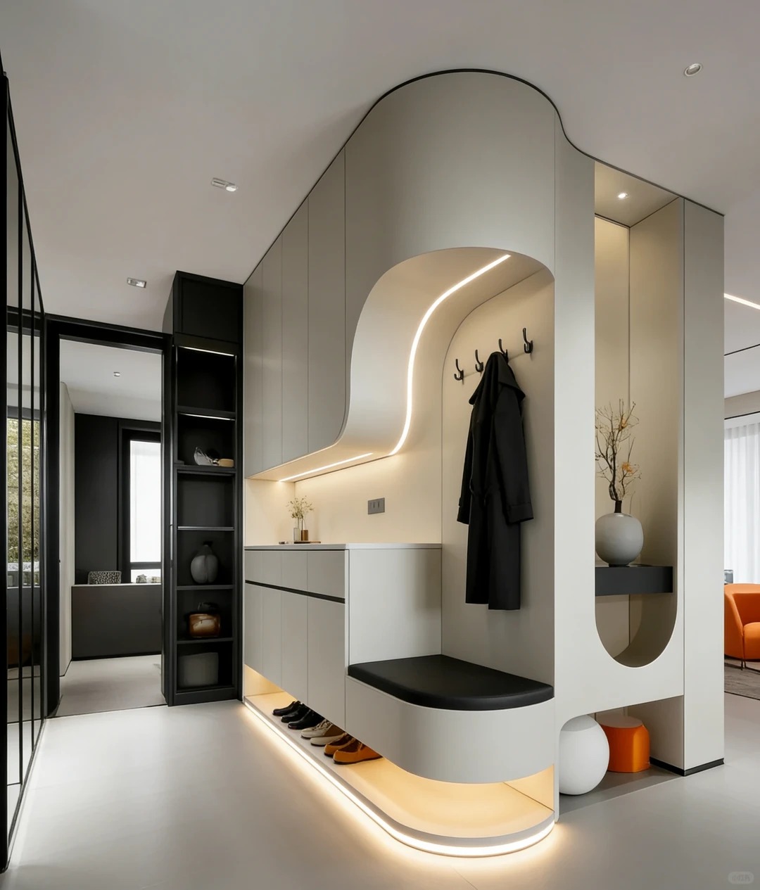 Vue détaillée du banc d'entrée sur mesure avec solutions de rangement intelligentes pour l'organisation moderne de la maison.