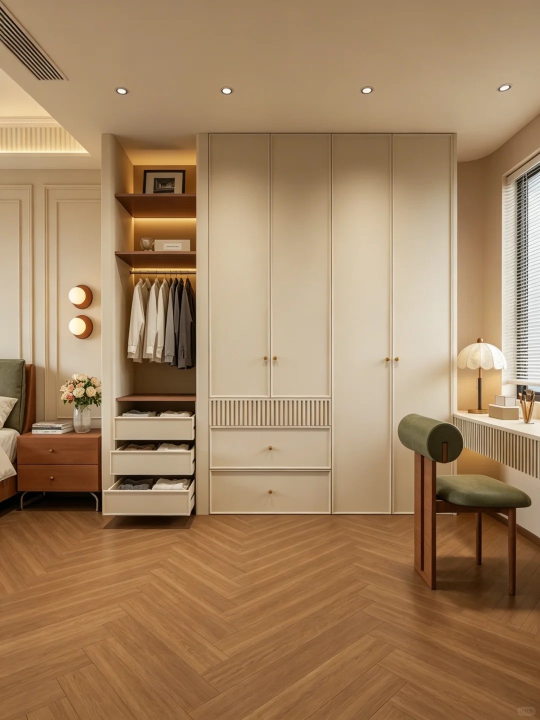Luxury bespoke white wardrobe with elegant textured finish and premium gold hardware accents