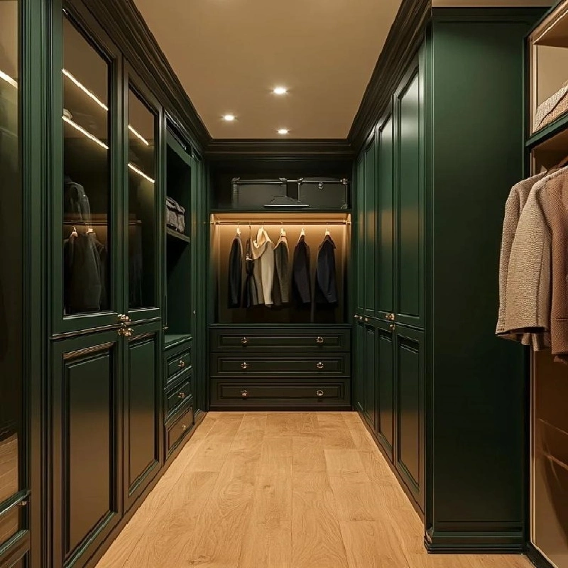 Custom dark green walk-in closet system featuring framed glass doors and integrated LED shelf lighting for luxury master bedrooms