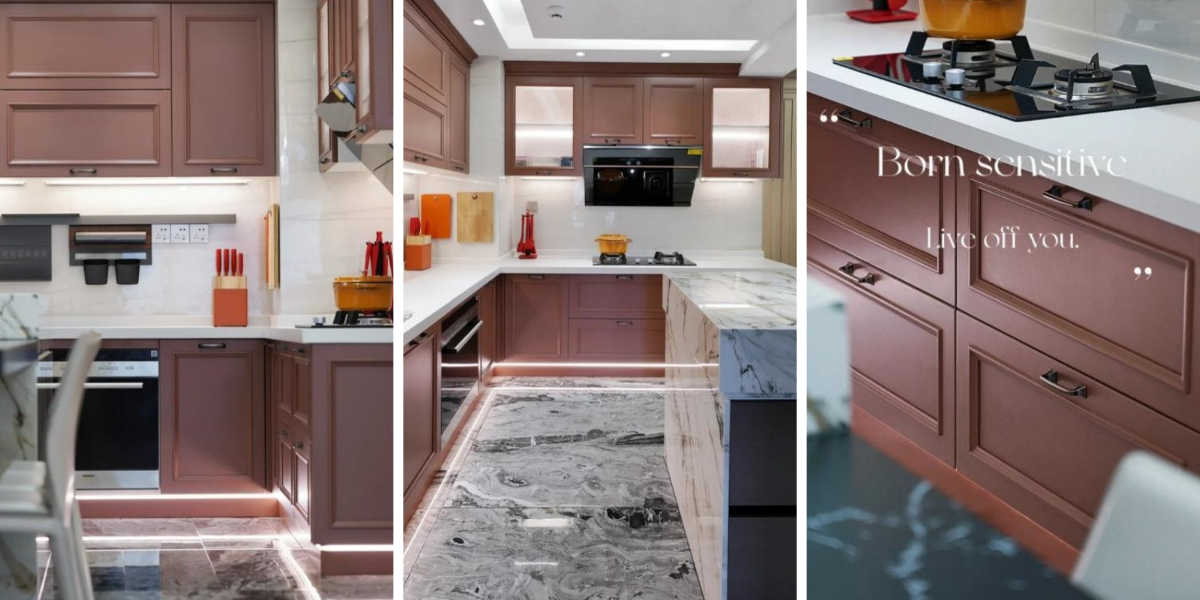 लाल चमकदार रसोई इकाइयाँ