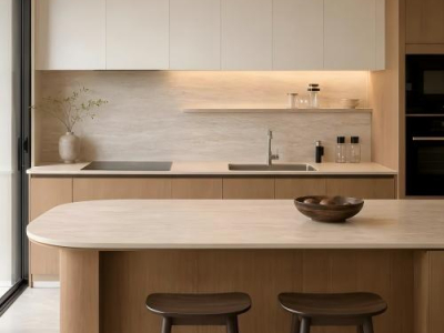 Armarios de cocina de madera sin tiradores modernos en un diseño elegante de apartamento residencial multifamiliar