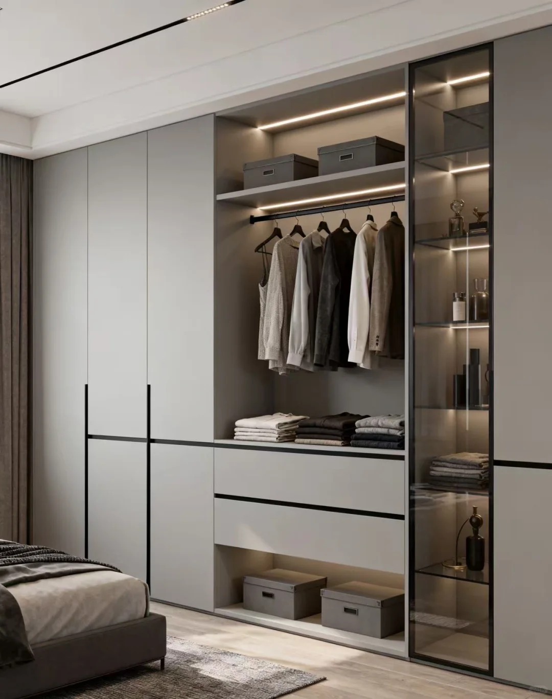 contemporary custom grey wardrobe with glass display