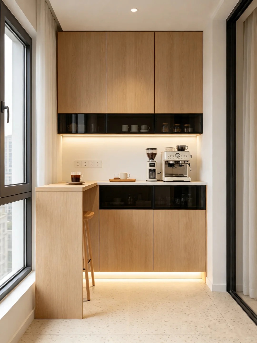 Bespoke light oak indoor balcony cabinetry featuring space-saving built-in shelving and integrated LED lighting