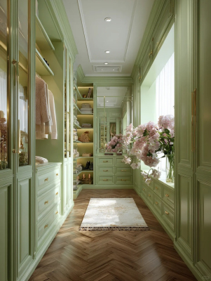Design de guarda-roupa verde mate com portas de vidro para arrumação de quarto moderno