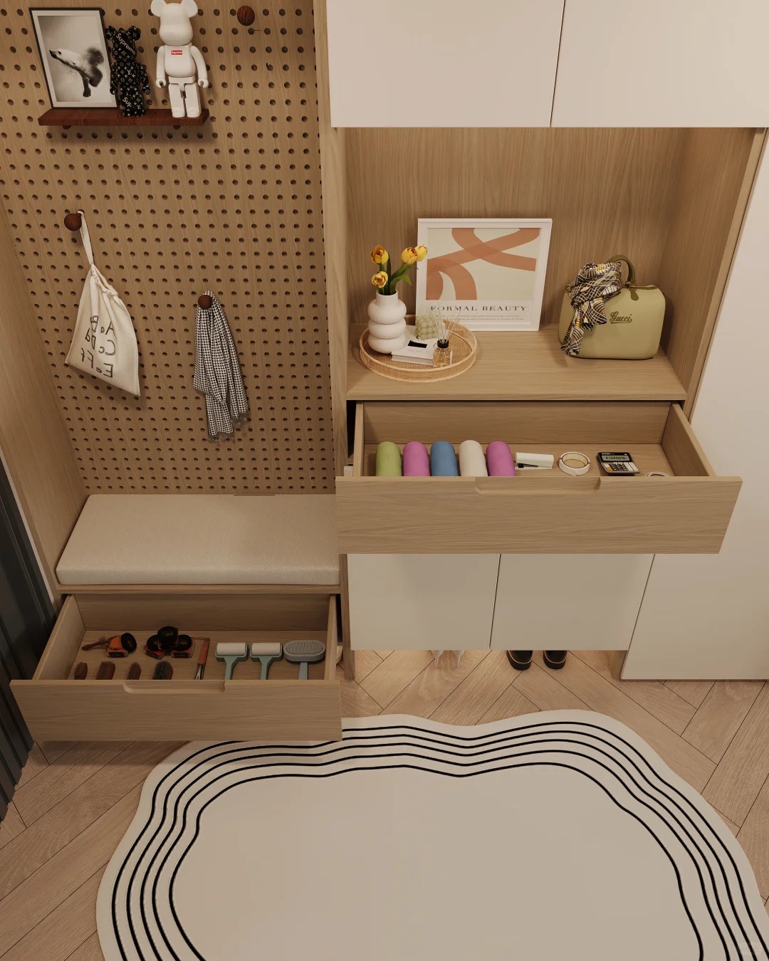 Customized entryway cabinetry featuring modern wood grain texture and integrated storage