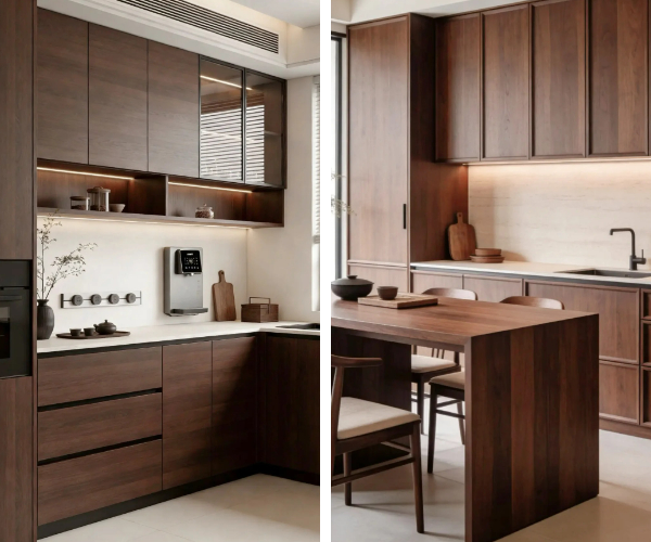 Armoires de cuisine modernes minimalistes sans poignée en bois foncé de qualité supérieure. Armoires de cuisine modernes minimalistes sans poignée en bois foncé de qualité supérieure.