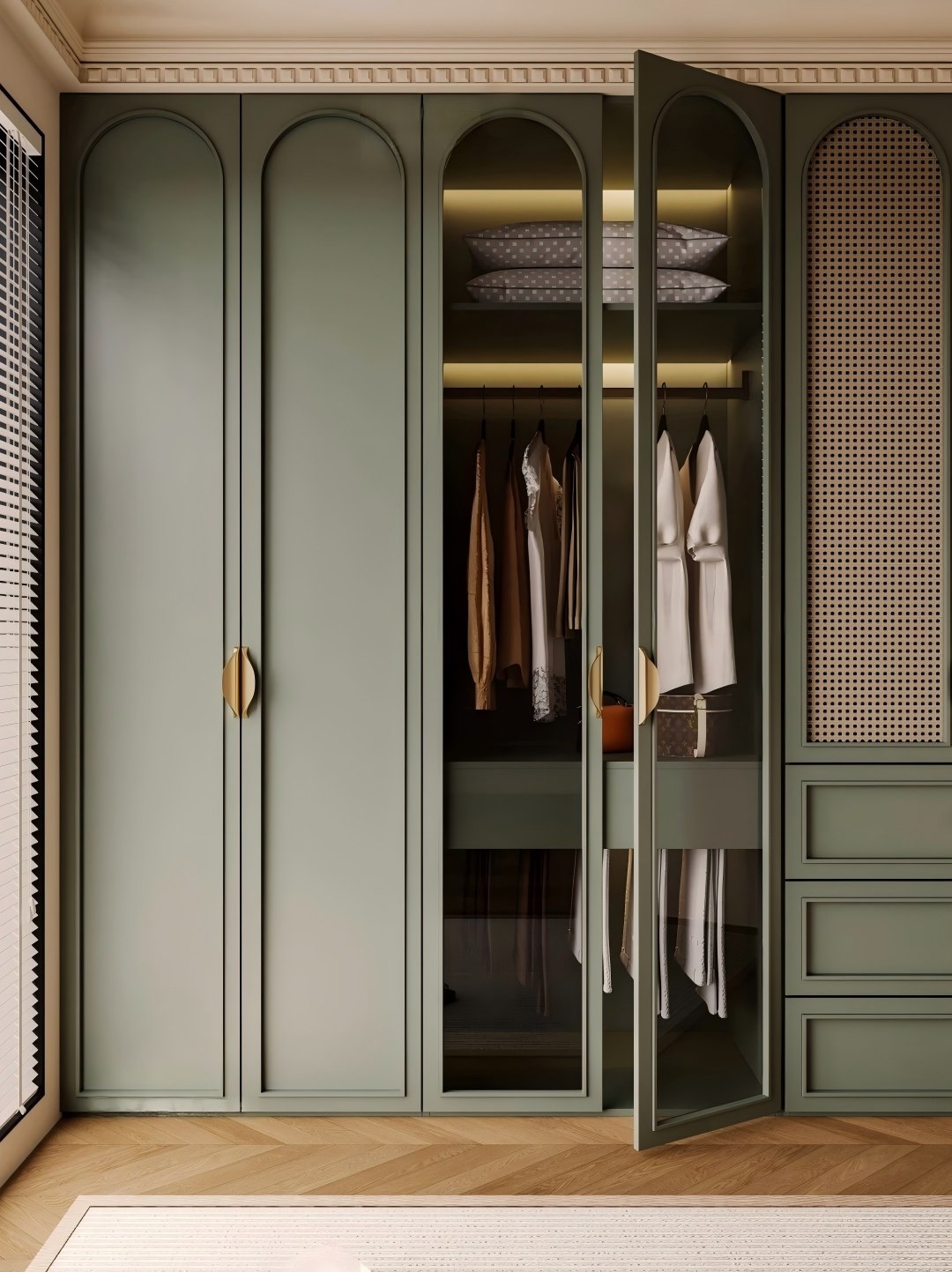 Detailed view of modern green wardrobe, custom closet design with optimized internal organization for bedroom.