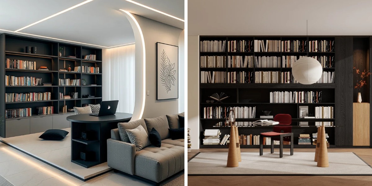 Détails de rangement intérieur d'une bibliothèque noire minimaliste moderne Détails de rangement intérieur d'une bibliothèque noire minimaliste moderne