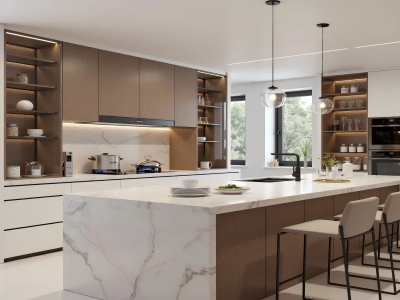 Armários de cozinha modernos e personalizados da MG Home para projetos imobiliários de luxo.
