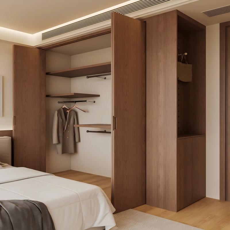 Armario moderno de puertas plegables de madera con estantes regulables y barras para colgar.