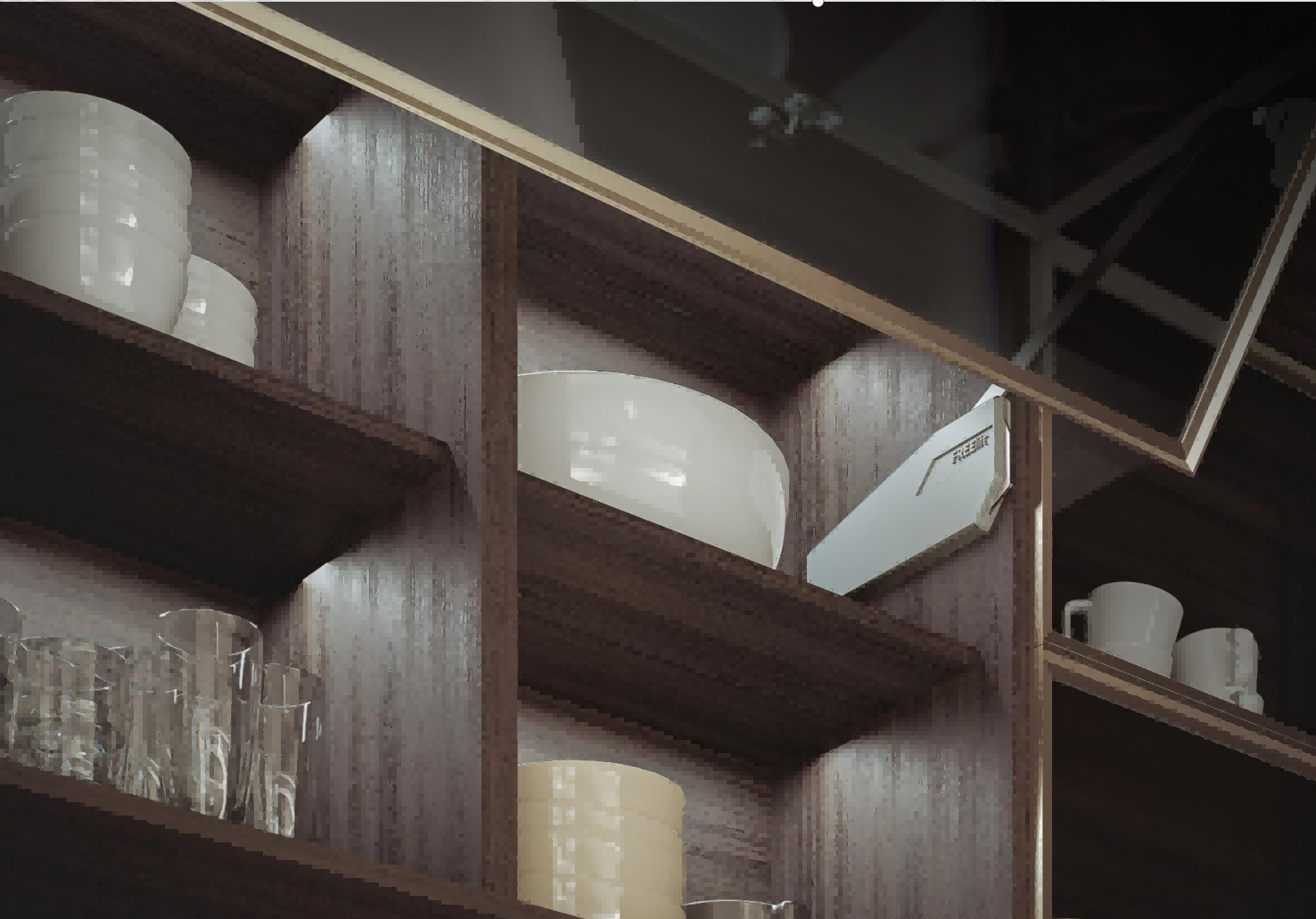 Modern kitchen cabinet interior with integrated LED lighting for high-end residential display