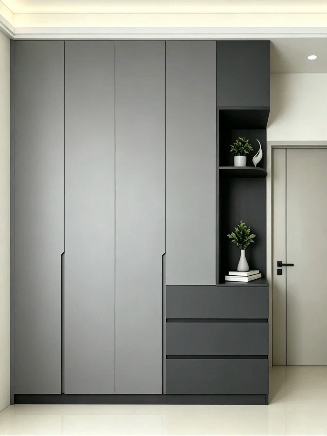 Custom grey flat-panel wardrobe with contrasting open shelving and integrated storage drawers.