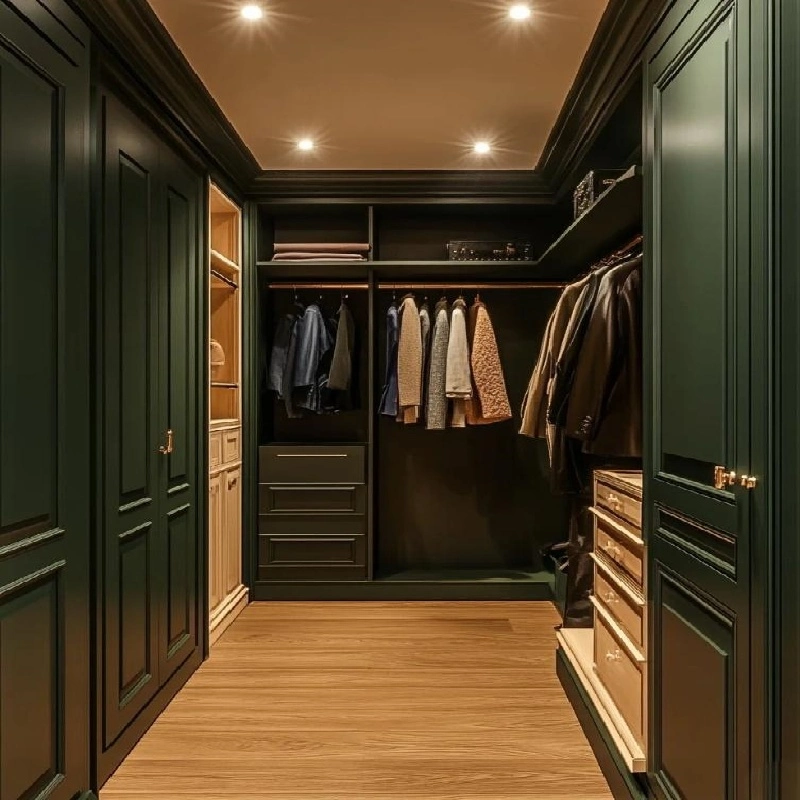 Luxury dark green bedroom closet design equipped with custom shelving, hanging rods, and modern interior lighting solutions