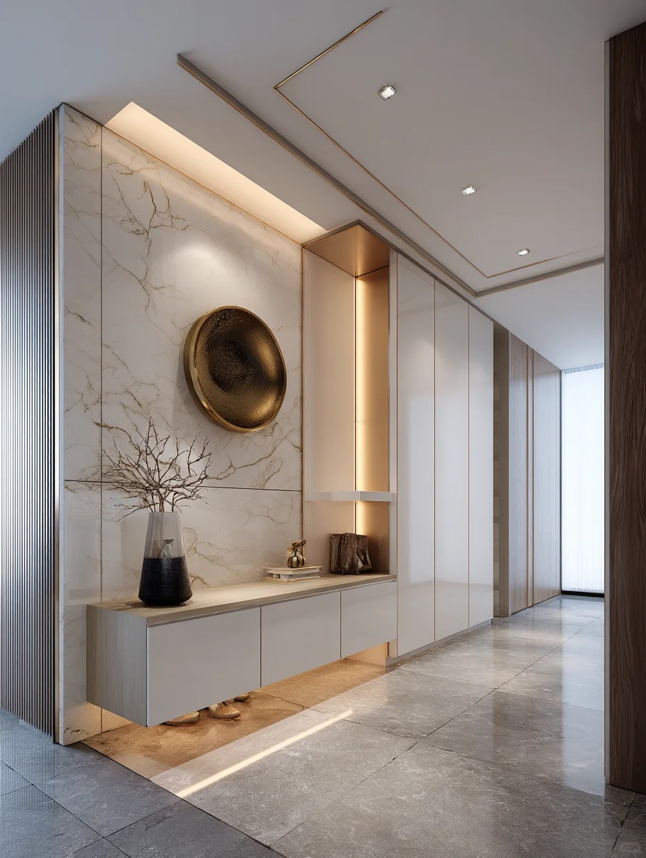 Custom entryway storage units featuring built-in hallway cabinetry and ambient lighting