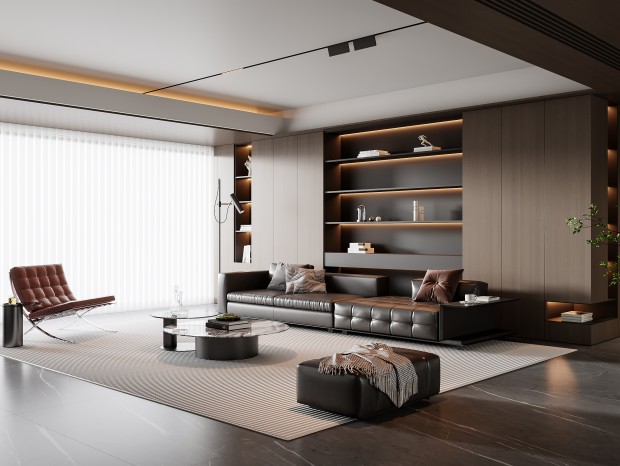 Luxury Custom Living Room Design with integrated wood-tone cabinetry and bespoke wall paneling