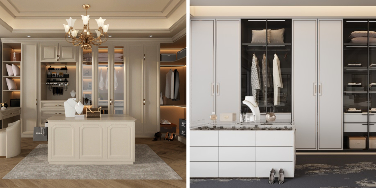 Layout su misura per cabina armadio bianca con sistema di cassetti centrale personalizzato e scaffalature aperte di lusso per suite padronali residenziali moderne. Layout su misura per cabina armadio bianca con sistema di cassetti centrale personalizzato e scaffalature aperte di lusso per suite padronali residenziali moderne.
