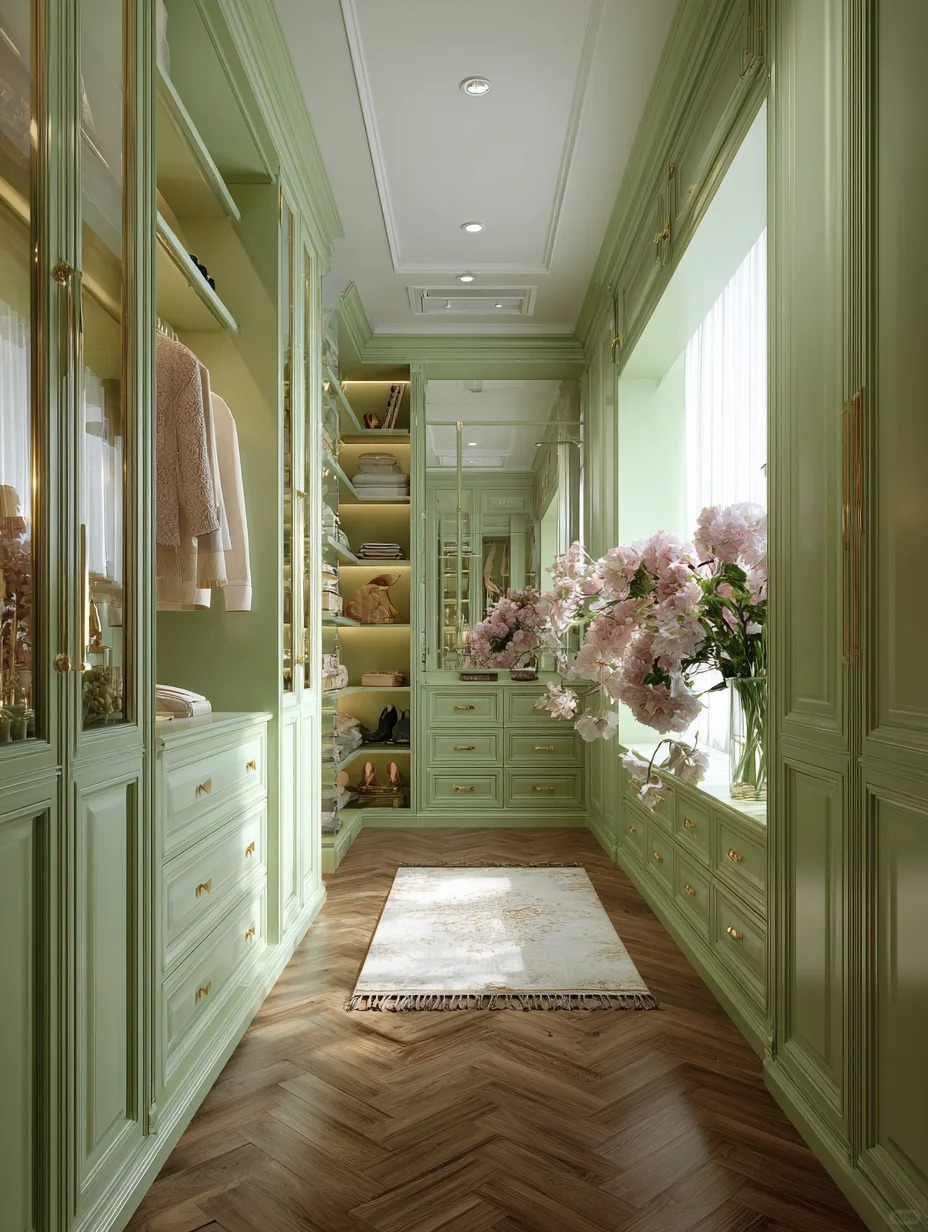 Diseño de armario verde mate con puertas de vidrio para almacenamiento moderno en dormitorio