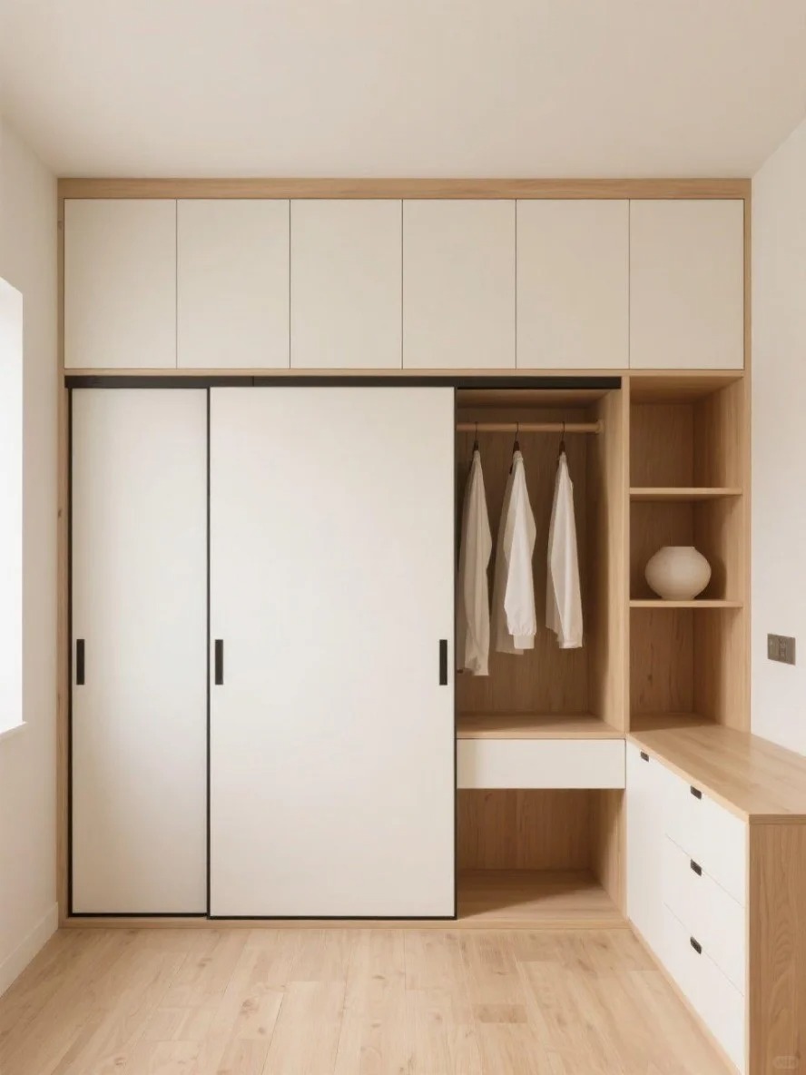 Armoire contemporaine blanche à portes coulissantes associée à des finitions en bois naturel, des placards supérieurs et une table de chevet intégrée sur mesure.