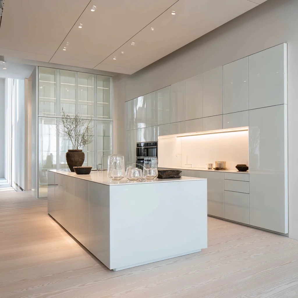 Armadi da cucina bianchi lucidi senza maniglie personalizzati con falegnameria architettonica minimalista e disposizione elegante.