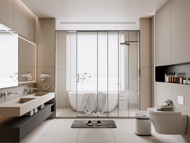 Bespoke bathroom interior design featuring custom integrated vanity solutions and minimalist layout.