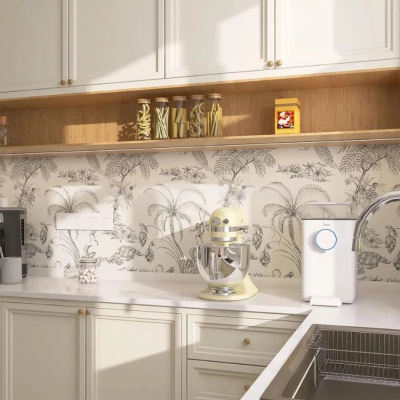 Modern beige kitchen cabinetry unit for upscale residential projects