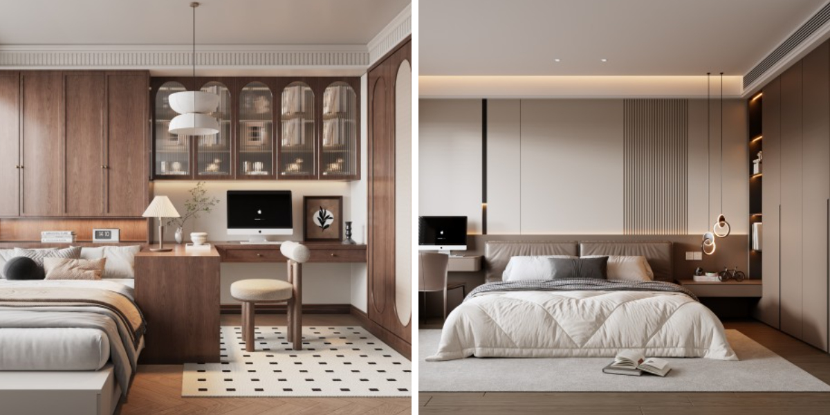 Interior kamar tidur kontemporer dengan sistem lemari pakaian kayu terintegrasi dan desain panel dinding kustom