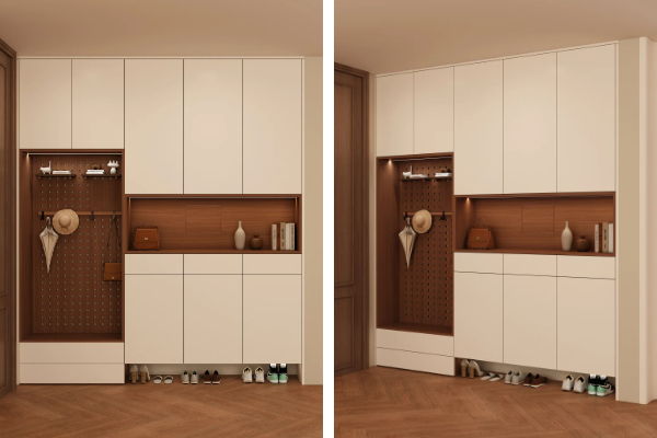 Modern custom hallway cabinetry with premium wood-grain finish and minimalist integrated design Modern custom hallway cabinetry with premium wood-grain finish and minimalist integrated design