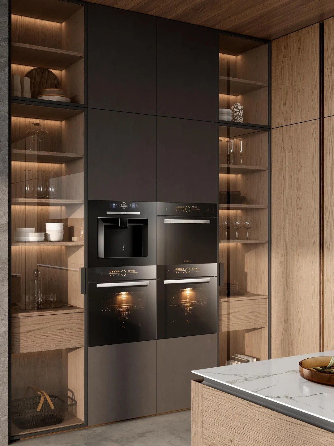 High-end modern flat-panel cabinets with natural wood-grain texture, manufactured by top-tier intelligent production lines for custom interior fit-outs.