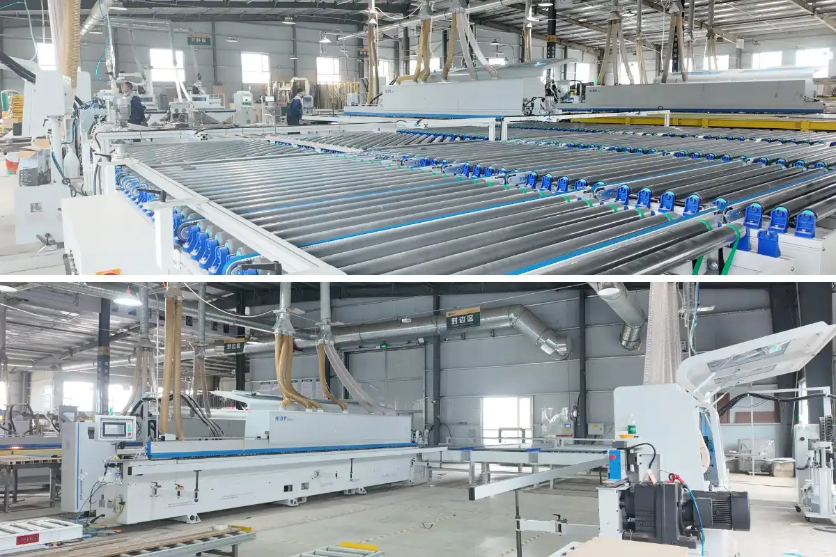 Linha de produção CNC automatizada fabricando armários de cozinha modernos e de alta qualidade em madeira na nossa fábrica avançada Linha de produção CNC automatizada fabricando armários de cozinha modernos e de alta qualidade em madeira na nossa fábrica avançada