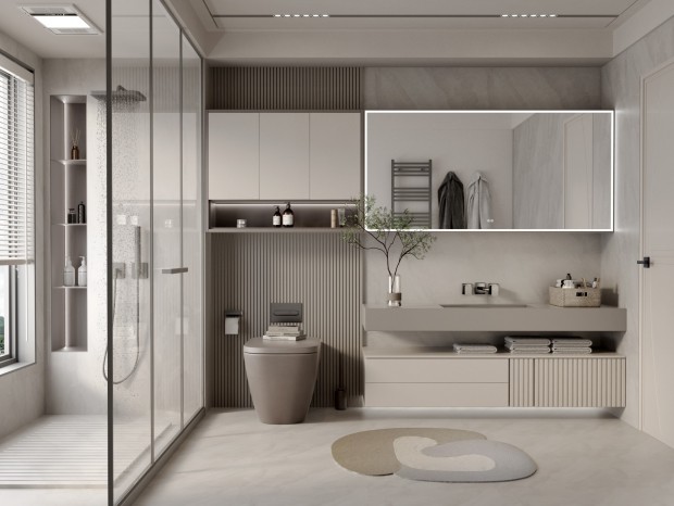 Integrated bathroom vanity solutions and professional cabinetry layout for luxury hotel and villa projects.