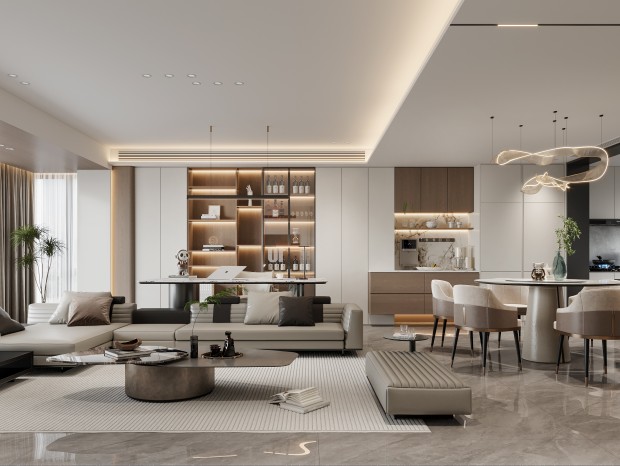 Contemporary buffet and sideboard designs with integrated LED ambient lighting and flush-mount architectural millwork