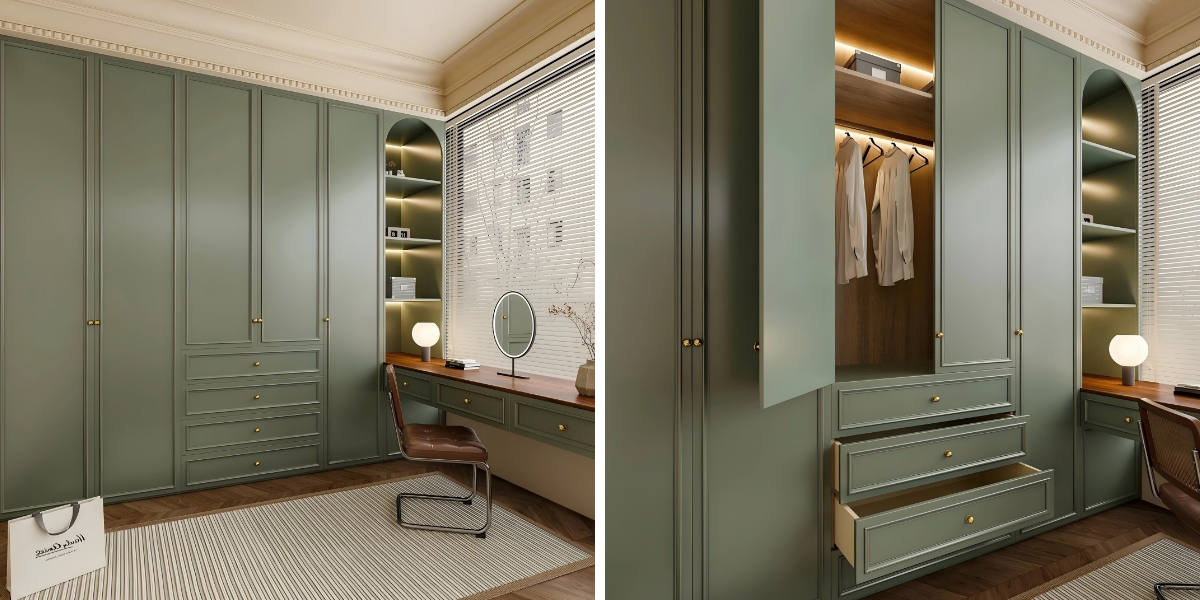 Elegant minimalist green wardrobe design, highlighting durable craftsmanship and seamless integration into modern bedroom aesthetics. Elegant minimalist green wardrobe design, highlighting durable craftsmanship and seamless integration into modern bedroom aesthetics.