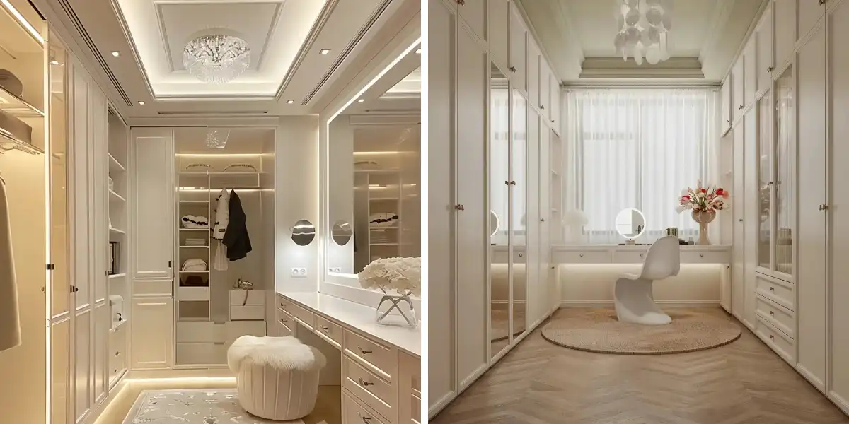 Moderner weißer Kleiderschrank, Luxus-Begehschrank-Organisationssystem mit integriertem Ankleidetisch und hochwertigen modularen Schränken.