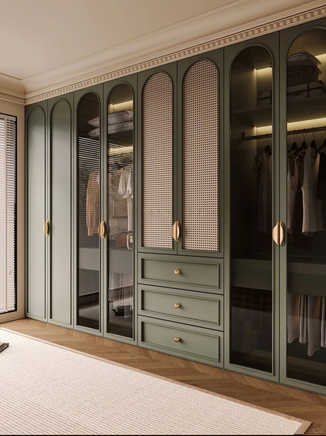 Modern minimalist custom green wardrobe, full view showing eco-friendly bedroom storage cabinet with integrated design.