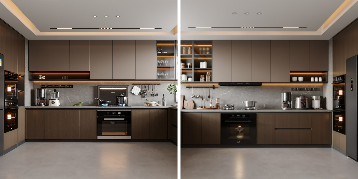Armoires hautes de cuisine minimalistes sans poignée avec éclairage LED linéaire intégré. Armoires hautes de cuisine minimalistes sans poignée avec éclairage LED linéaire intégré.