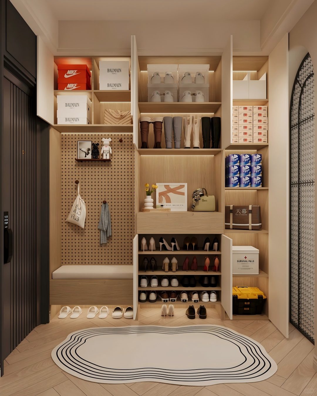 Functional hallway storage solution with hidden shoe cabinets and organized compartments