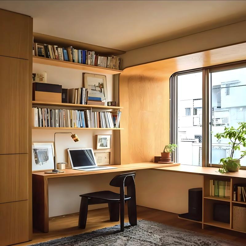 Scrivania moderna a L in legno, posizionata accanto a una finestra nello studio.