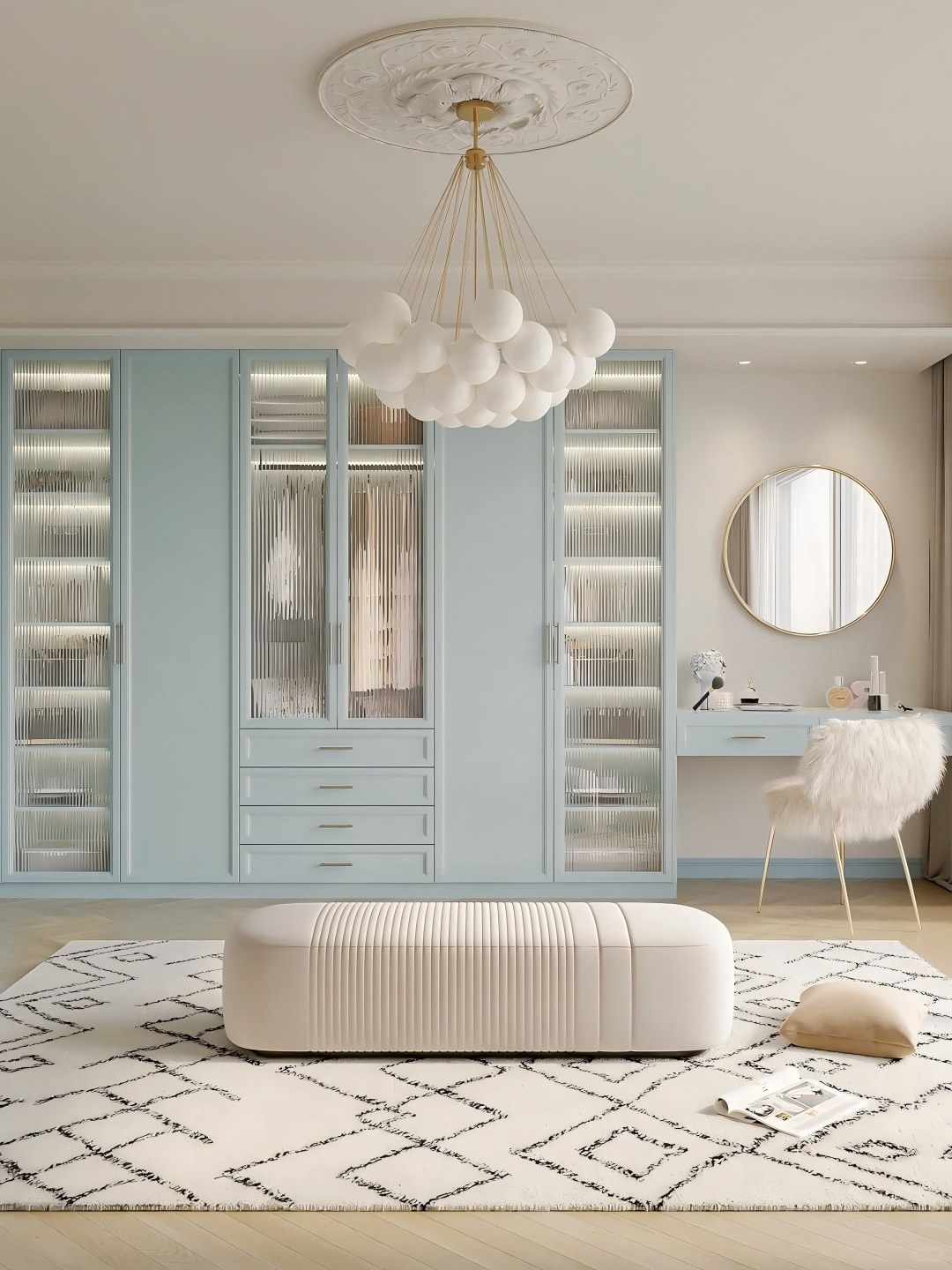 Vestidor azul moderno a medida con puertas de vidrio y distribución de almacenamiento para dormitorio