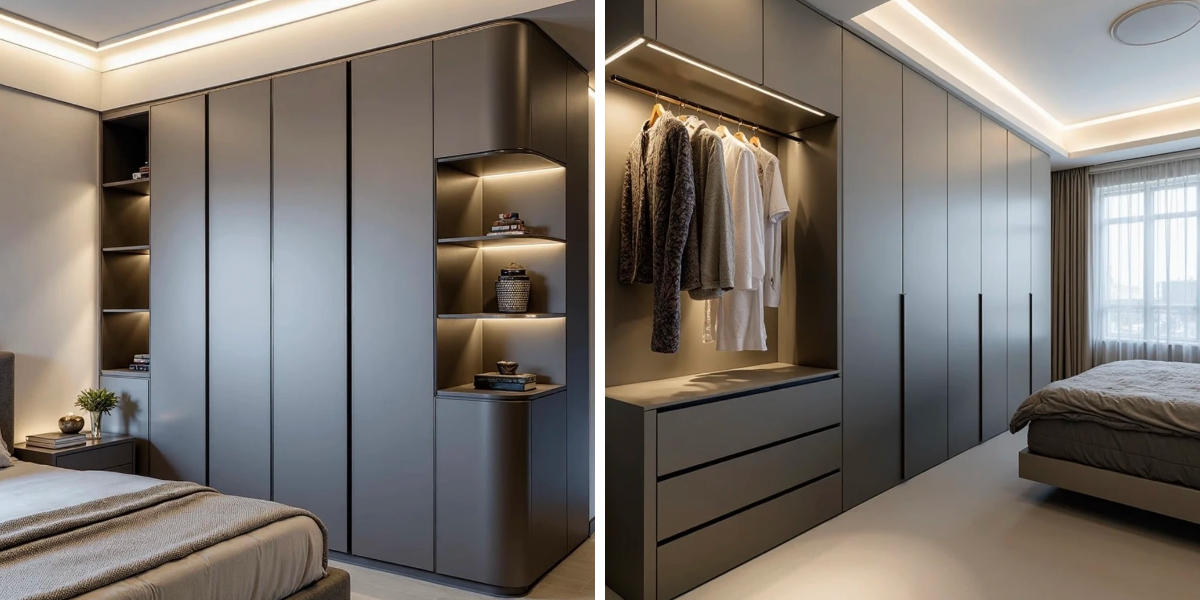 Minimalist Grey Wardrobe featuring floor-to-ceiling flat-panel design for high-end residential cabinetry.