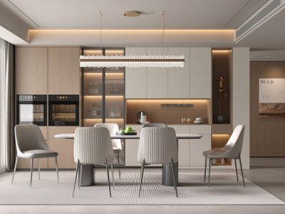 Modern dining room interior featuring custom integrated storage systems for efficient space management and seamless architectural design.