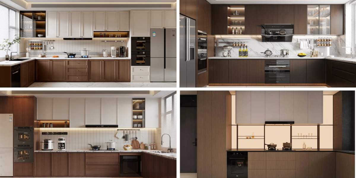Gabinetes de cocina de madera oscura con paneles planos de primera calidad con un diseño minimalista y contemporáneo