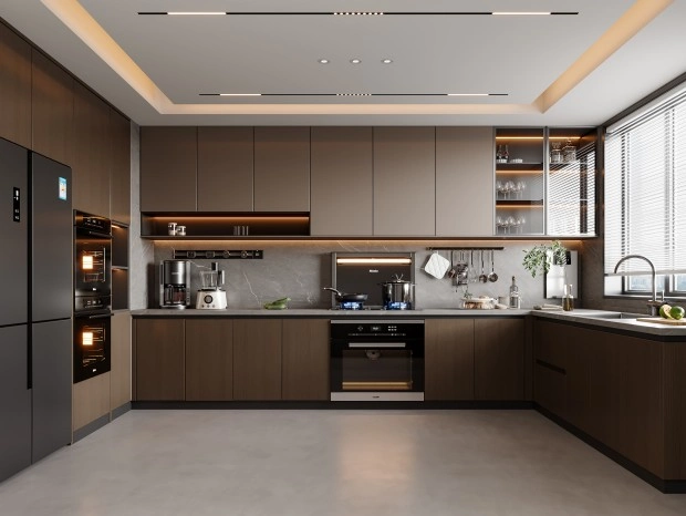 Armários de cozinha modernos em madeira com acabamento de grão de madeira sem puxadores para apartamentos de luxo