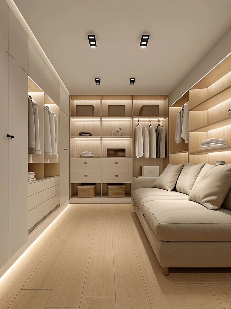 High end minimalist white closet organizers and luxury walk in wardrobe featuring bespoke shelving and seating area.