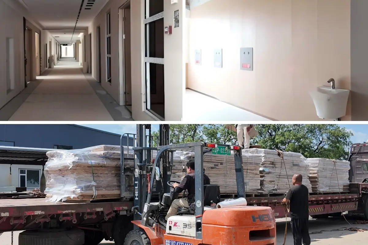 Kommerzielle Schrankmontage für globale Projekte und sichere Containerbeladung moderner weißer Schrank-Luxus-Begehschrank-Organisationssysteme.