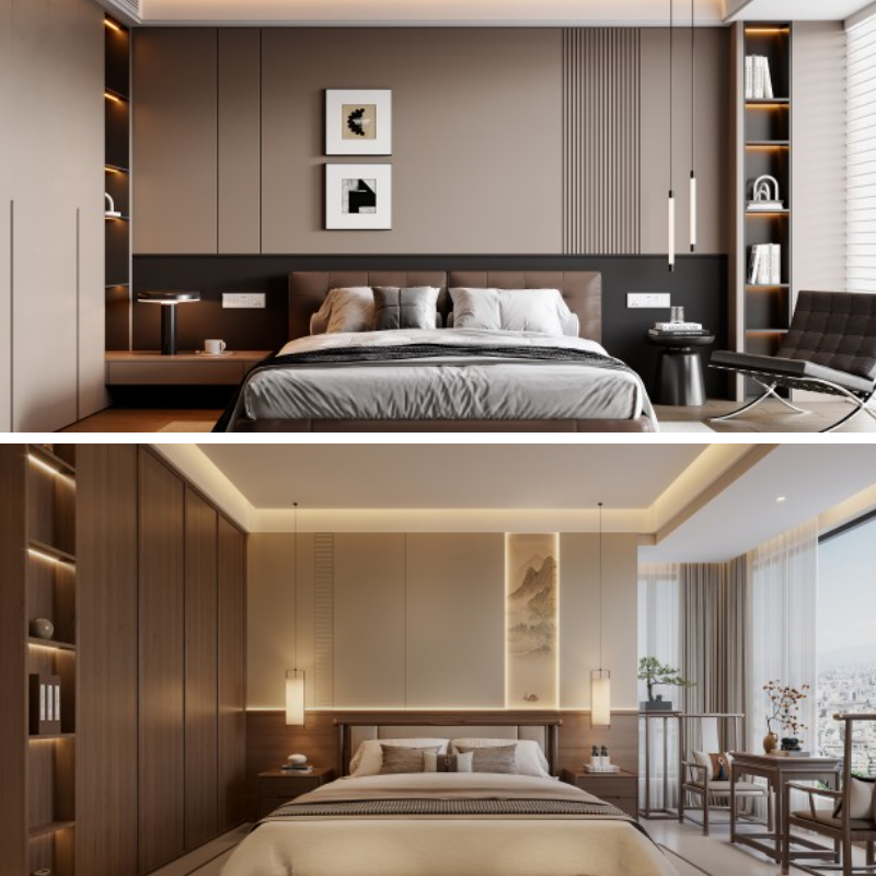 Panel dinding kamar tidur bernada kayu terintegrasi dan sistem lemari pakaian khusus untuk desain interior yang mulus