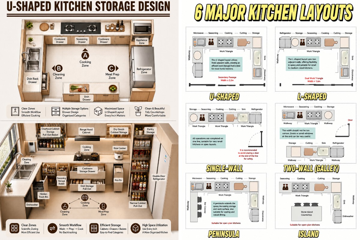 Gabinetes de cocina ergonómicos: flujo de trabajo y almacenamiento