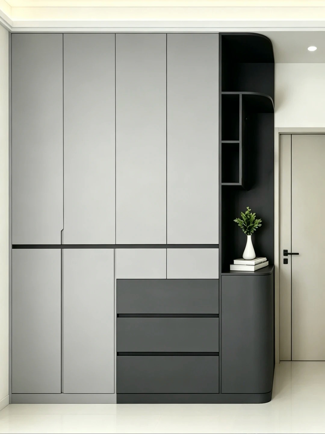Minimalist grey bedroom wardrobe featuring integrated LED display shelves and smart storage.