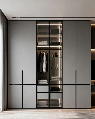 design de garde-robe grise moderne avec portes vitrées